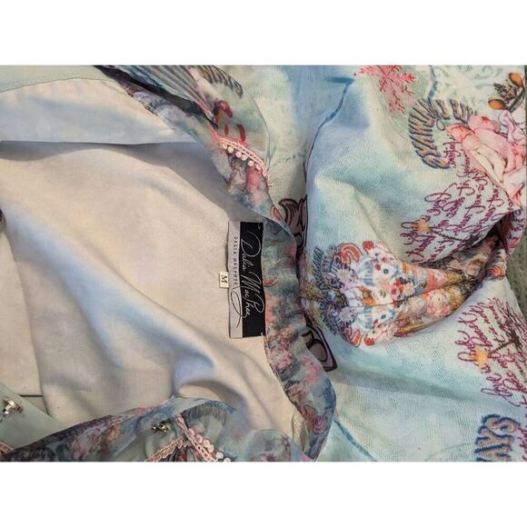 DALIA MACPHEE Printed A Line Dress M Green Jade Pleated Frill Bow Neck D725 - Picture 8 of 8